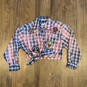 WRANGLER CROP BUTTON UP DOWN PEARL SNAP PLAID SHIRT PATCHWORK UPCYCLED WESTERN